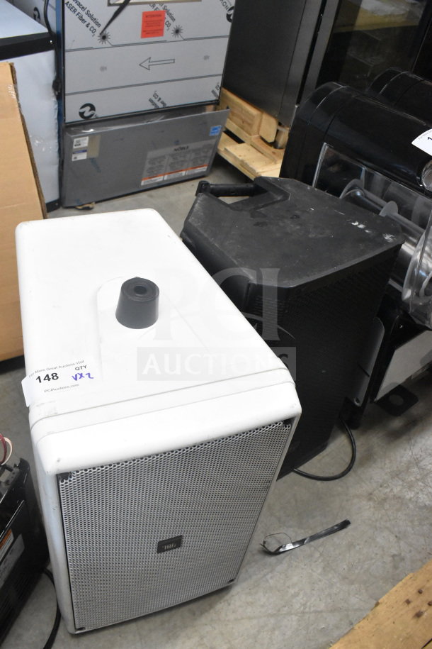 2 speakers: JBL Control SB2210-WH and EV Electro-Voice ZLX. Visible scratches, auction label tagged "148 qty 2x."