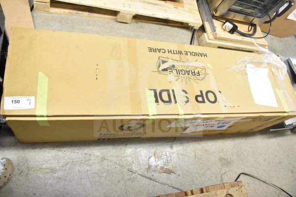 Hoshizaki HNC-150BA commercial sushi display case in packaging. Marked as fragile, handle with care. 115V, 1 phase. Box shows model details.