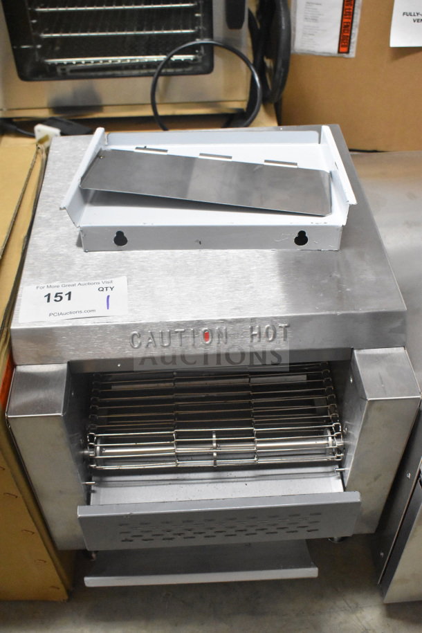 Avantco countertop conveyor pizza oven, stainless steel, "Caution Hot" label, includes tray, good condition.