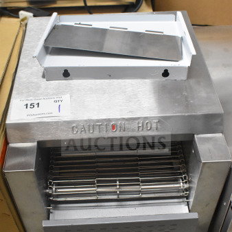 Avantco countertop conveyor pizza oven, stainless steel, "Caution Hot" label, includes tray, good condition.