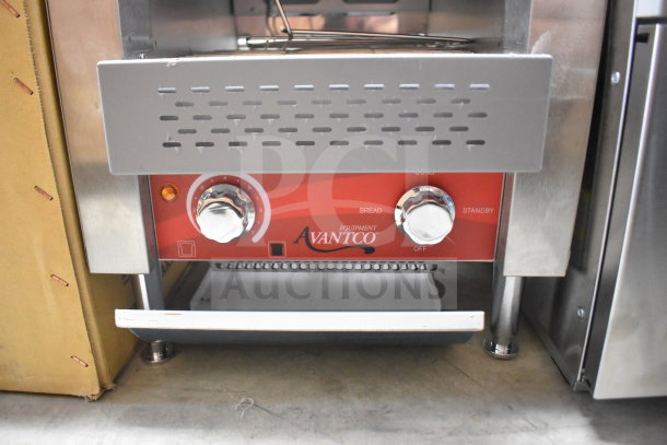 Avantco Countertop Conveyor Pizza Oven, stainless steel, dual control knobs, labeled settings for bread and standby.