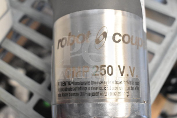 Robot Coupe CMP250 V.V Immersion Blender, 120V, 1 Phase, visible logo and model, stainless steel body.