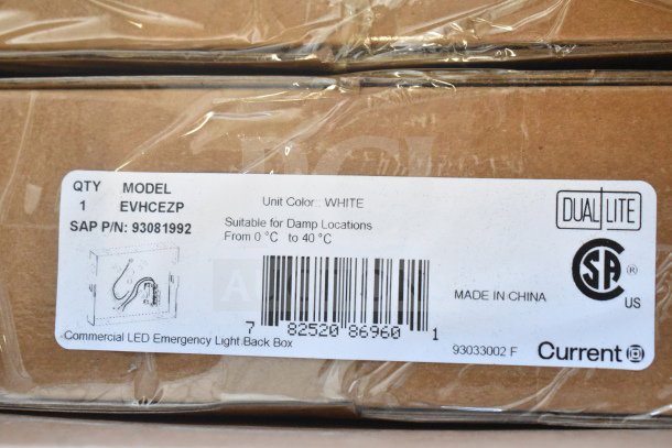 Box with Dual Lite EVHCEZP Emergency Light Back Box; labeled for damp locations and operating range 0°C to 40°C.