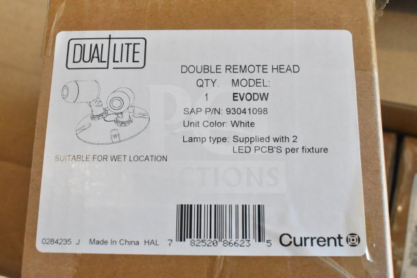 Box with Dual Lite Double Remote Head, Model EVODW, white, includes 2 LED PCBs, suitable for wet locations, made in China.