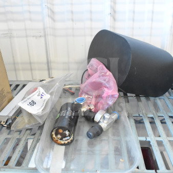 Seven mixed items including Vizio subwoofer, GE LED driver, various hardware parts, and fragile box. Auction label visible.