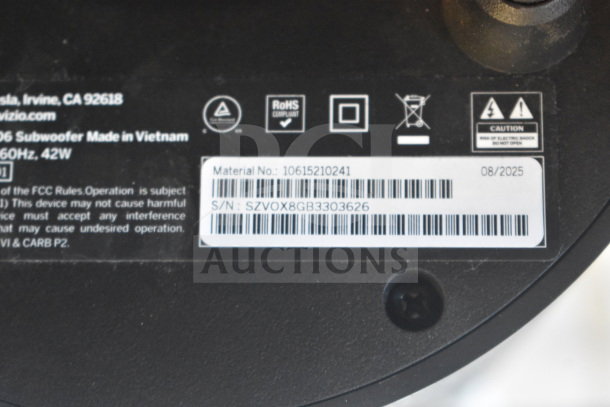 Label on Vizio subwoofer, Model S96, 60Hz, 42W. Displays material number 10615210241 and serial number SZVOX8GB3303626.
