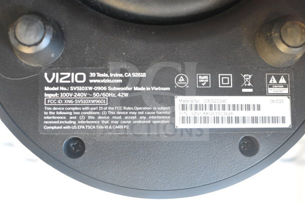 Vizio Subwoofer Model SV510XW-0906, black, input 100V-240V, 50/60Hz, 42W, FCC ID: XN6-SV510XW9601. Tags show compliance info.