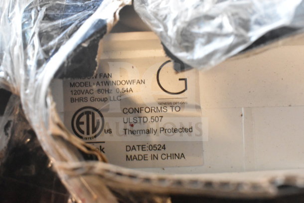 2 Max Cold Fans, Model A1WINDOWFAN, 120VAC, 60Hz, 0.54A. Thermally protected. Made in China by BHRS Group LLC.