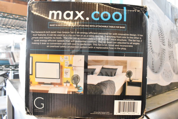 Box of Genesis max.cool 6-inch clip-on fans with table-top base, energy efficient, two adjustable speeds, UL listed.
