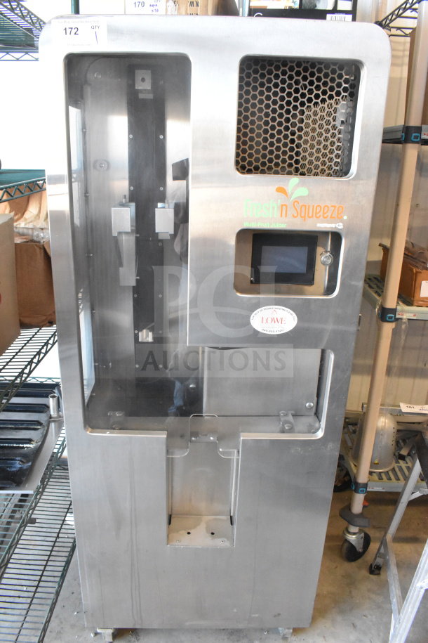 LATE MODEL JBT 2ND-GEN-MFJ-HE Fresh N Squeeze commercial citrus juicer on casters. Missing back left caster, 115V, 1 phase.