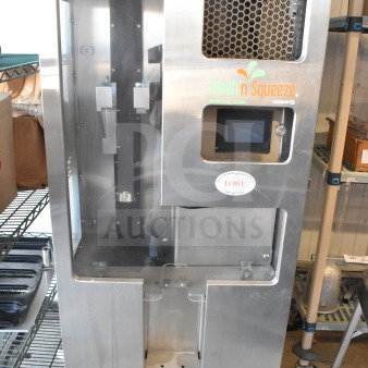 LATE MODEL JBT 2ND-GEN-MFJ-HE Fresh N Squeeze commercial citrus juicer on casters. Missing back left caster, 115V, 1 phase.
