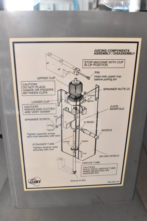 JBT Fresh N Squeeze Citrus Juicer, floor model, commercial casters, missing back left caster, 115V, 1 phase. Assembly diagram visible.