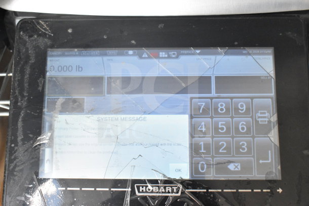 2019 Hobart HTi-LH3 scale with screen damage, tested and working. 120/208-240V, 1 phase. Touchscreen interface visible.