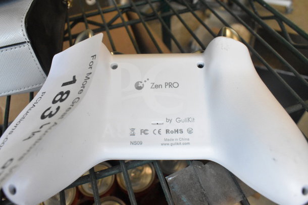 Xbox Zen Pro Controller by GuliKit, white color, model NS09. Features include wireless connectivity and ergonomic design. Made in China. CE, RoHS certified.
