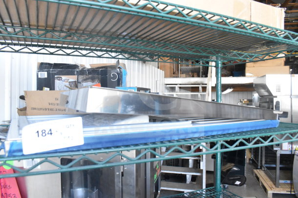 Two-item auction lot including a metal bin on a shelf, label showing "184" quantity. Various boxes visible.