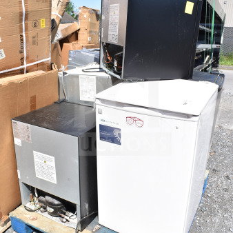 Five mini coolers, including Galanz and Galaxy models, 115 volts, 1 phase, on pallet, showing labels and operational tags.