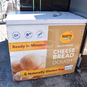 Chest freezer with promotional graphics for cheese bread dough; 115 Volts, 1 Phase. Features gluten-free, sugar-free, soy-free labels.