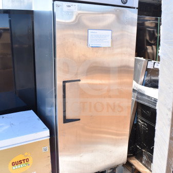 True Single Door Reach In Freezer, stainless steel, 115 volts, 1 phase, model details visible, used condition.