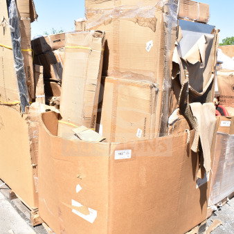Pallet of nine brand new scratch and dent items, including a table and utility cart, in damaged cardboard boxes.
