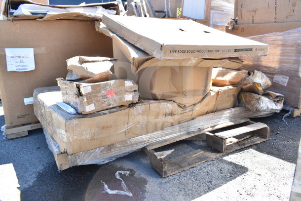 8 brand new items including a live edge solid wood table top, 30"x30", rustic walnut finish. Boxes are scratch and dent.