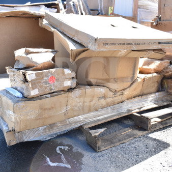 8 brand new items including a live edge solid wood table top, 30"x30", rustic walnut finish. Boxes are scratch and dent.