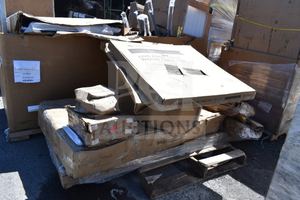 8 brand new scratch and dent items, including a live edge solid wood table top, in damaged boxes on pallets.