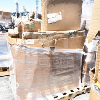 Stack of scratch and dent items on a pallet, wrapped in plastic. Includes microwave shelf, smoker box. Boxes show wear.
