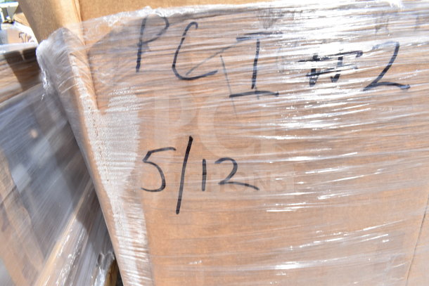Plastic-wrapped pallet marked "PCI #2" and "5/12," containing 20 brand new scratch and dent items, including a microwave shelf and smoker box.