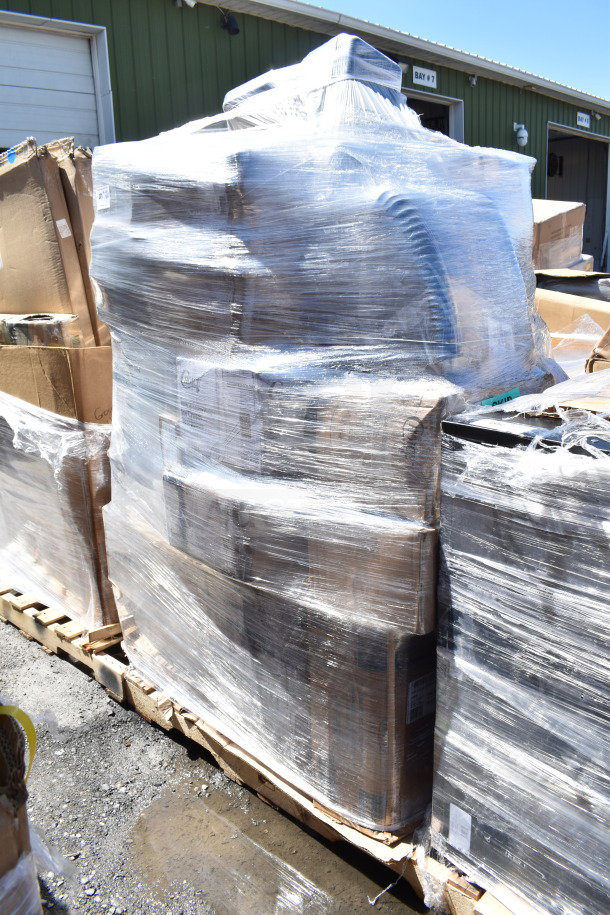 Pallet of 25 new scratch and dent items, including takeout containers, sporks, and meat trays, wrapped in plastic.