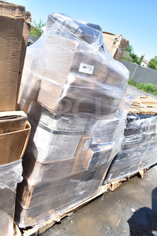 Shrink-wrapped pallet of assorted scratch and dent items, including takeout containers and sporks, partially visible boxes.