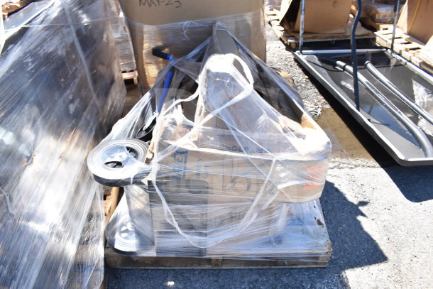 Four new scratch and dent items wrapped on pallet, including a trash cart. Marked "MAY26-60" and "ALERT." Visible wheels and handles.