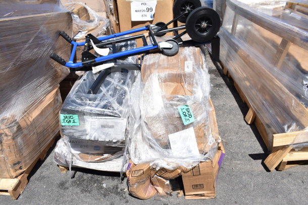 Skid with 6 brand new "scratch and dent" items including trays. Items are wrapped; tags indicate lot MAY26-129. 