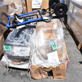 Skid with 6 brand new "scratch and dent" items including trays. Items are wrapped; tags indicate lot MAY26-129. 