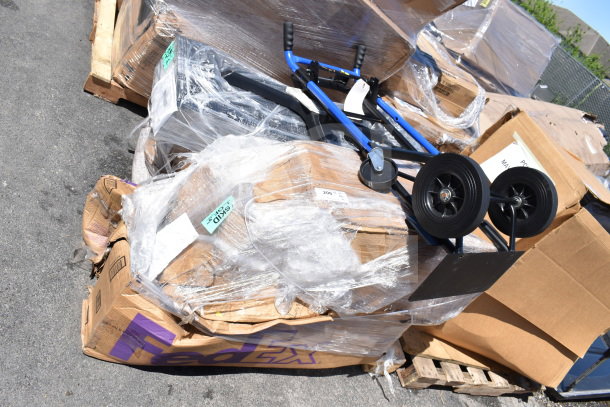Packaging of 6 brand new scratch and dent items, including blue hand truck. Items are wrapped and on pallets.