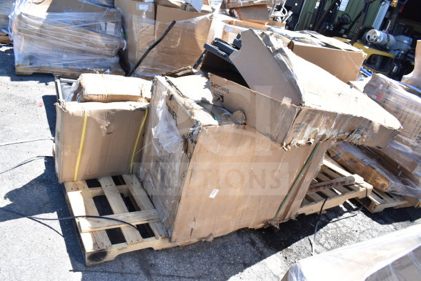 Boxes labeled "Conveyco" and "Avex" on a pallet containing brand new scratch and dent items, including a cart and wall shelf.