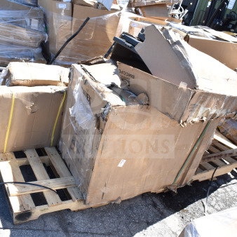 Boxes labeled "Conveyco" and "Avex" on a pallet containing brand new scratch and dent items, including a cart and wall shelf.