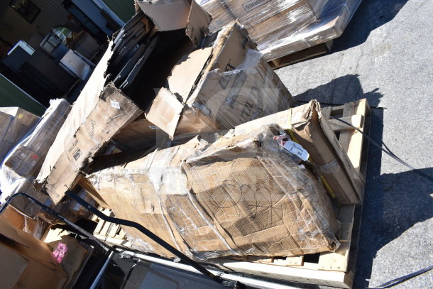 Four boxed items on a pallet, labeled as "Scratch and Dent," appear distressed. Includes cart, wall shelf. Tags visible.