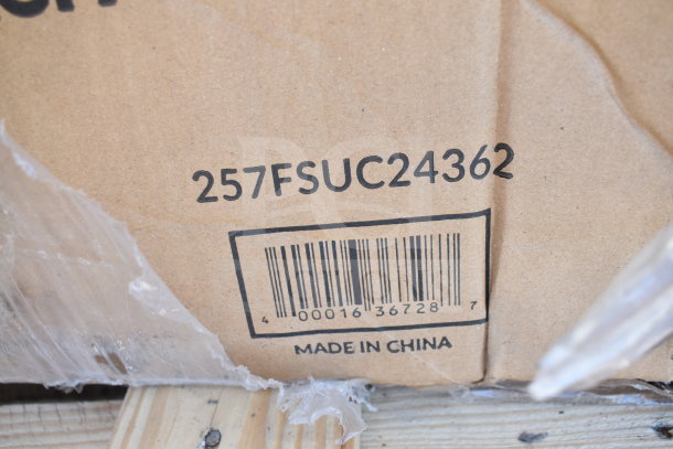 Cardboard box labeled "257FSUC24362," barcode, and "Made in China" marking, indicating a scratched and dented auction item.