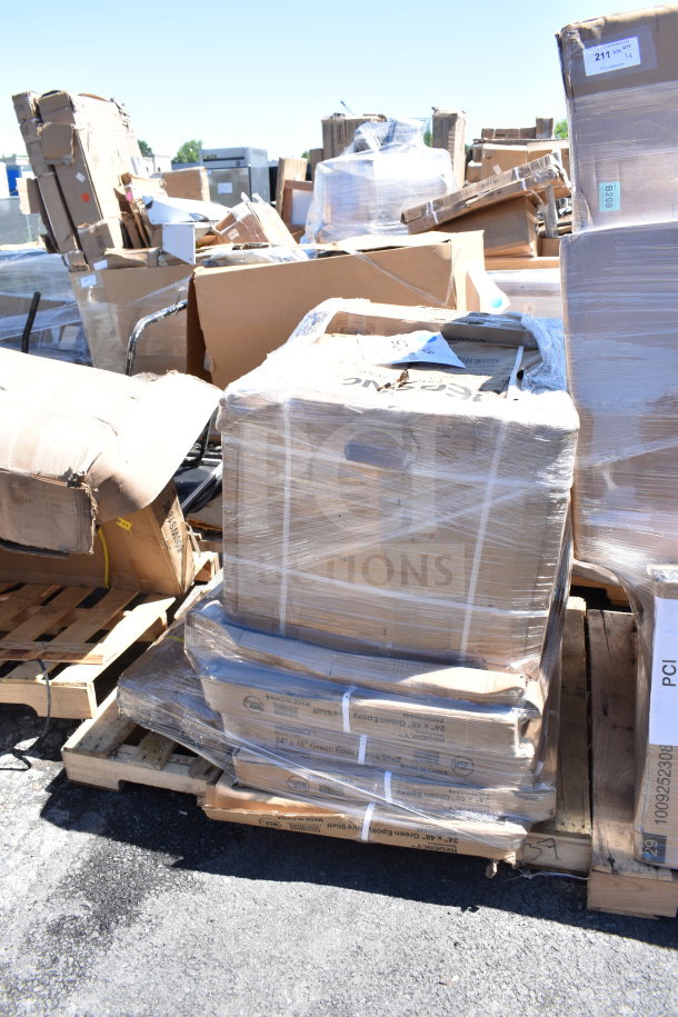 Pallet with 7 new scratch and dent items including mop sink and liquor display rack, wrapped in plastic. Labels indicate contents.