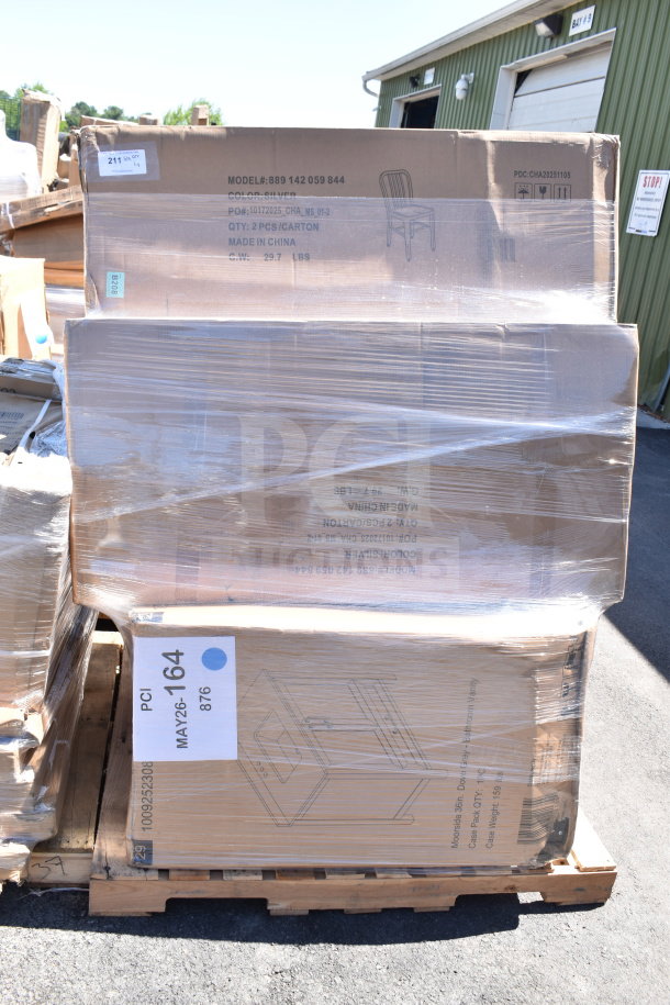 Boxes labeled as "4 Brand New Scratch and Dent." Contains two silver chairs, Model# 889142059844, made in China.