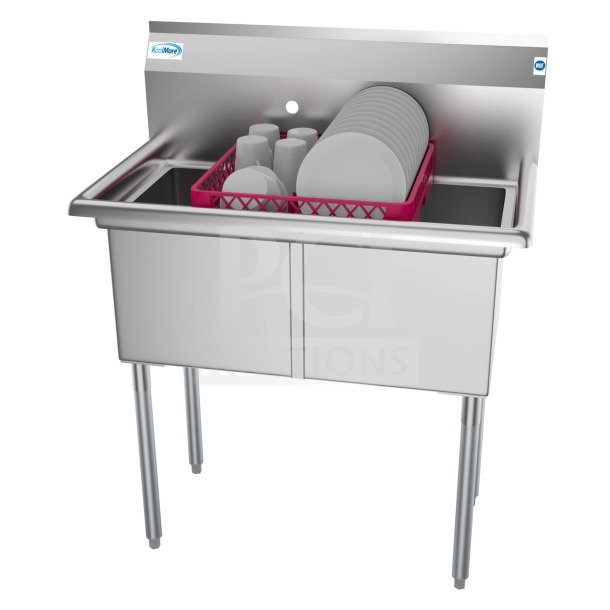 Brand new KoolMore SB151512-15R3 36" two-compartment stainless steel sink, 15"x15"x12" bowls, slight scratch and dent, logo visible.