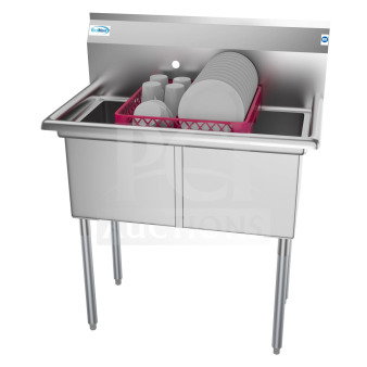 Brand new KoolMore SB151512-15R3 36" two-compartment stainless steel sink, 15"x15"x12" bowls, slight scratch and dent, logo visible.