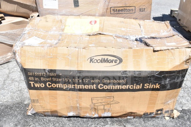 Brand new KoolMore SB151512-15R3 36" stainless steel commercial sink in box, two compartments, bowl size 15"x15"x12".
