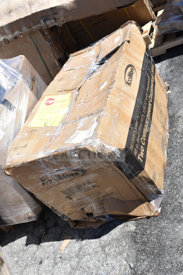 Boxed KoolMore SB151512-15R3 commercial sink, 36", stainless steel, two compartments. Box is visibly damaged.