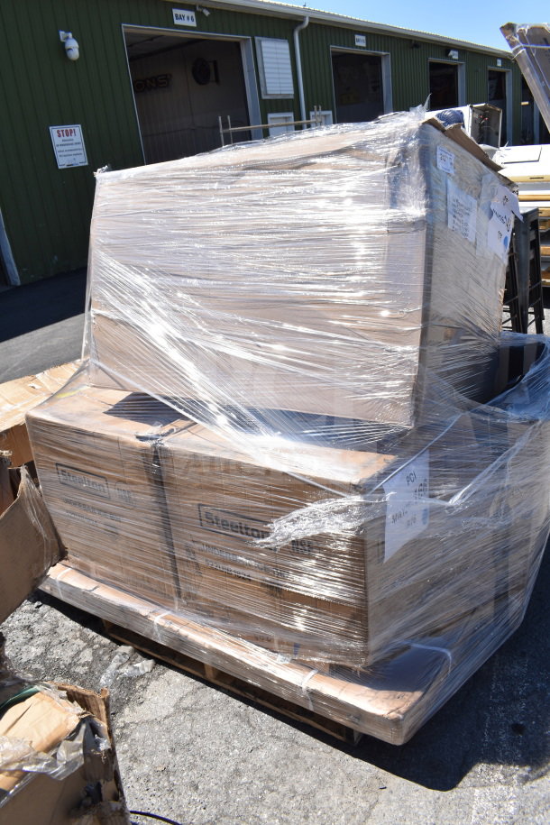 Pallet with 5 brand new scratch and dent items, including an ice bin, wrapped in plastic. Boxes labeled "Steelton."