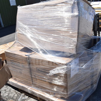 Pallet with 5 brand new scratch and dent items, including an ice bin, wrapped in plastic. Boxes labeled "Steelton."