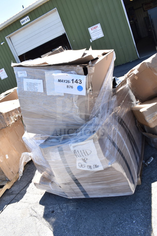 Packaging of five brand new scratch and dent items, including ice bin, wrapped in plastic with labels marked MAY26-143 and MAY26-166.