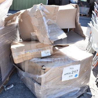 Pallet of brand new scratch and dent items in damaged boxes, including chairs. Label: PCI APR26-217 876.