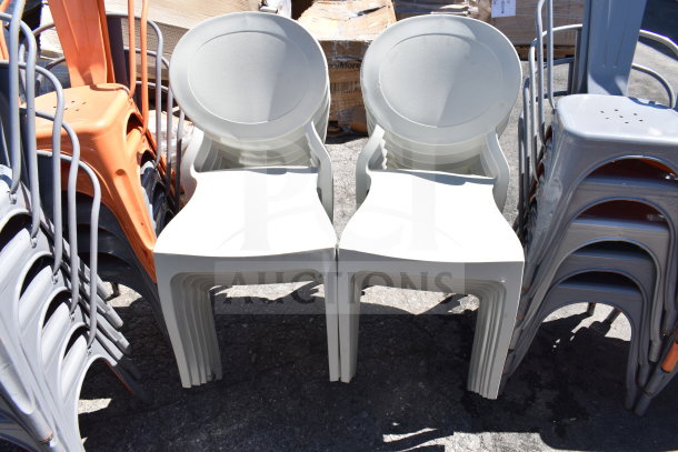 Stacks of scratch and dent Tolix-style chairs, including orange and gray, alongside white patio chairs and bar stools. 37 items total.
