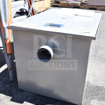 BRAND NEW Regency 50 lb. 25 GPM grease trap with 3" non-threaded connections. Scratch and dent, non-PDI certified.